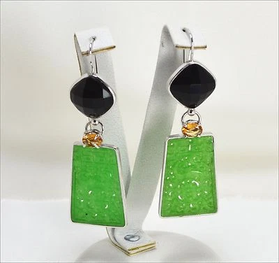 ORECCHINI IN ARGENTO 925 CON GIADA VERDE TRAPEZIO CITRINO OVALE ONICE AGHT 0497 - Immagine 1 di 3