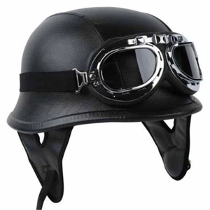 Motorcycle Leather Half Face Helmet DOT German Biker Pilot Goggles XL Black - Picture 1 of 10