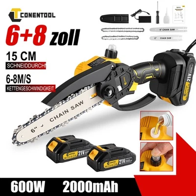 CONENTOOL Akku-Kettensäge Mini 6"+8" 900W Effizient Kettensäge Einhand mit 2*2000mAh Akkus