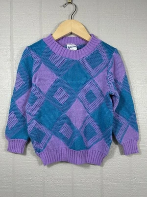 Vintage 90s Knitissimo Geometric Sweater Kids Size 4T Acrylic Blue Purple - Image 1 of 4