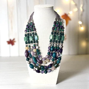 Collana CHICO'S tono argento con perline colorate viola e verdi dichiarazione C215 - Foto 1 di 5