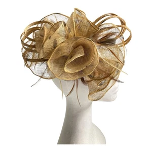 Morgan & Taylor Fascinator Ruffle Flower & Feather Sinamay Hair Slide Brown - Picture 1 of 8