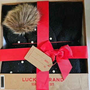 NEW Lucky Brand Women's 2 Piece Hat and Scarf Set Black Pearl Gift Set Holidays - Picture 1 of 7