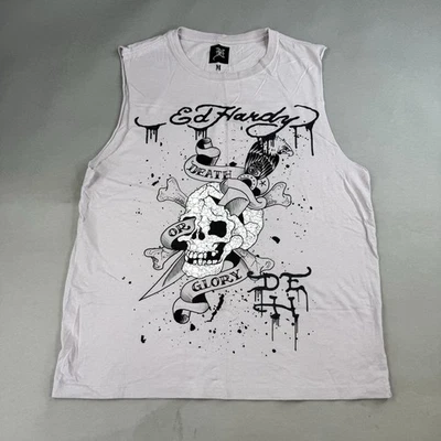Ed Hardy Tank 中号灰色男式拼字头骨剑死亡荣耀衬衫 #99 — 第 1/4 张图片