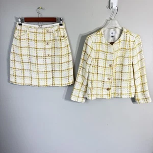 Cabi Coco Lady Jacket Skirt Suit Set Ivory Yellow Plaid Tweed Sz S Career Office - Imagen 1 de 9
