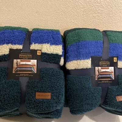 Lot Of 2Pendleton Queen Size Fleece Blanket 98" x 92" Evergreen Stripe NEW - Image 1 of 4