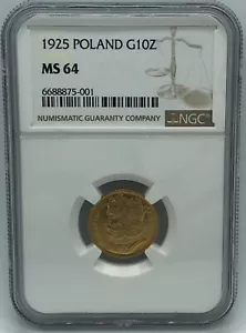 1925 Poland Gold 10 Zlotych NGC MS 64 - Picture 1 of 2