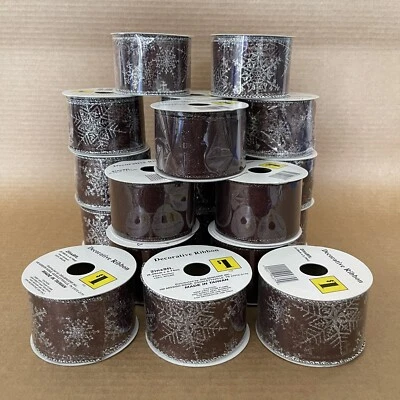 Christmas Ribbon Wired Brown Metallic Solid & Snowflakes 2" x 9' Rolls Lot of 19 - Image 1 of 4