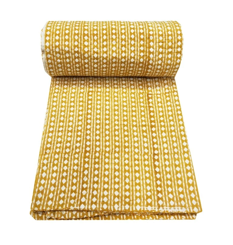 Indian Cotton Floral Art King Size Kantha Quilt Blanket Bedspread Handmade Throw - Image 1 of 4