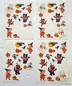 Vintage Hallmark Stickerbogen Halloween Geister Hexen schwarze Katzen süß 4 Blätter - Bild 1 von 6