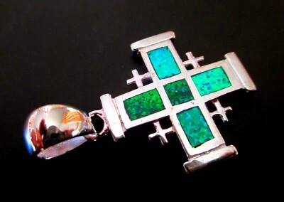 Ciondolo croce di Gerusalemme in argento sterling 925 opale di fuoco verde/bl... - Immagine 1 di 4