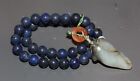 Antique Chinese carved jade toad & lapis bead mala, 19th century. Qing Dynasty.