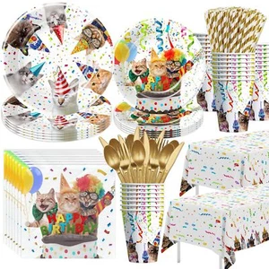 Cat Birthday Party Supplies Cat Party Decorations Tableware Plates Cups Napkins - Picture 1 of 7