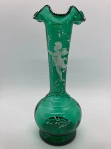 Antique Hand Blown Mary Gregory Green Glass Vase ~ Cherub 7 inch - Picture 1 of 7