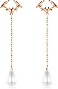 Bat Stud Dangle Earrings Pearl 18ct Rose Gold Plated 925 Sterling Silver Gift - Picture 1 of 4