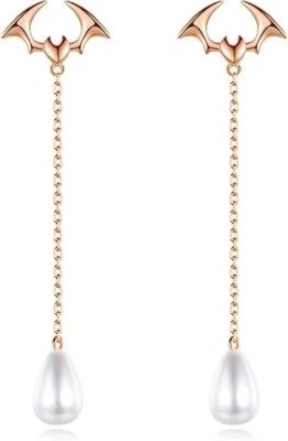 Bat Stud Dangle Earrings Pearl 18ct Rose Gold Plated 925 Sterling Silver Gift - Image 1 of 4