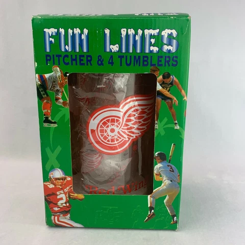 NHL FUN LINES DETROIT RED WINGS PITCHER & LID 64oz.& 4-TUMBLERS 10oz Cover