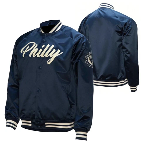 Philly Union Navy Satin Varsity Jacket Embroided logos & Full-Snap Free Shipping Cover