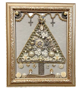 Framed Handmade Christmas Tree Vintage Costume Jewelry 12x10" Silver Gold Pearl - Picture 1 of 7