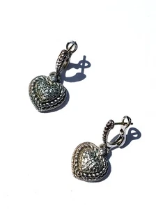 Authentic Judith Ripka Sapphire Sterling Silver Gold Knurled Heart Drop Earrings - Picture 1 of 9