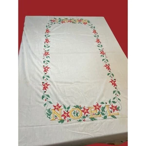 Vintage White Christmas Tablecloth Hand Cross Stitched Poinsettia NOEL READ - Picture 1 of 6