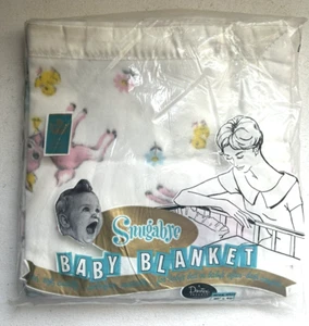 Vtg NEW Nursery Baby Blanket Davtex Snugabye Satin Trim MCM Deer Chicks Bunny - Picture 1 of 2