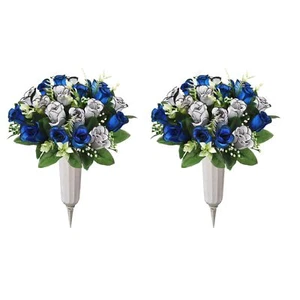 2Pcs Artificial Cemetery Flowers with Vase for Grave Silk Memorial Rose Flowe... - Picture 1 of 9