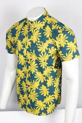 Camisa con botones RVCA Kimura manga corta para hombre talla M mediana azul amarillo Foto 1 de 3