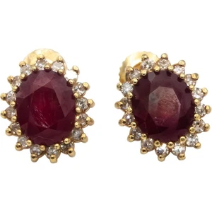 14k Yellow Gold Oval Ruby Round Diamond Halo Stud Screw Back Earrings 4.33CTW - Picture 1 of 4