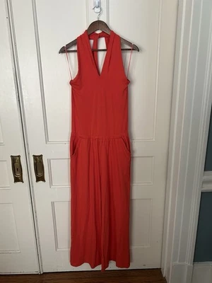 Pact Organic Cotton Halter Wide Leg Cropped Jumpsuit Womens Size Medium Orange - Image 1 of 4