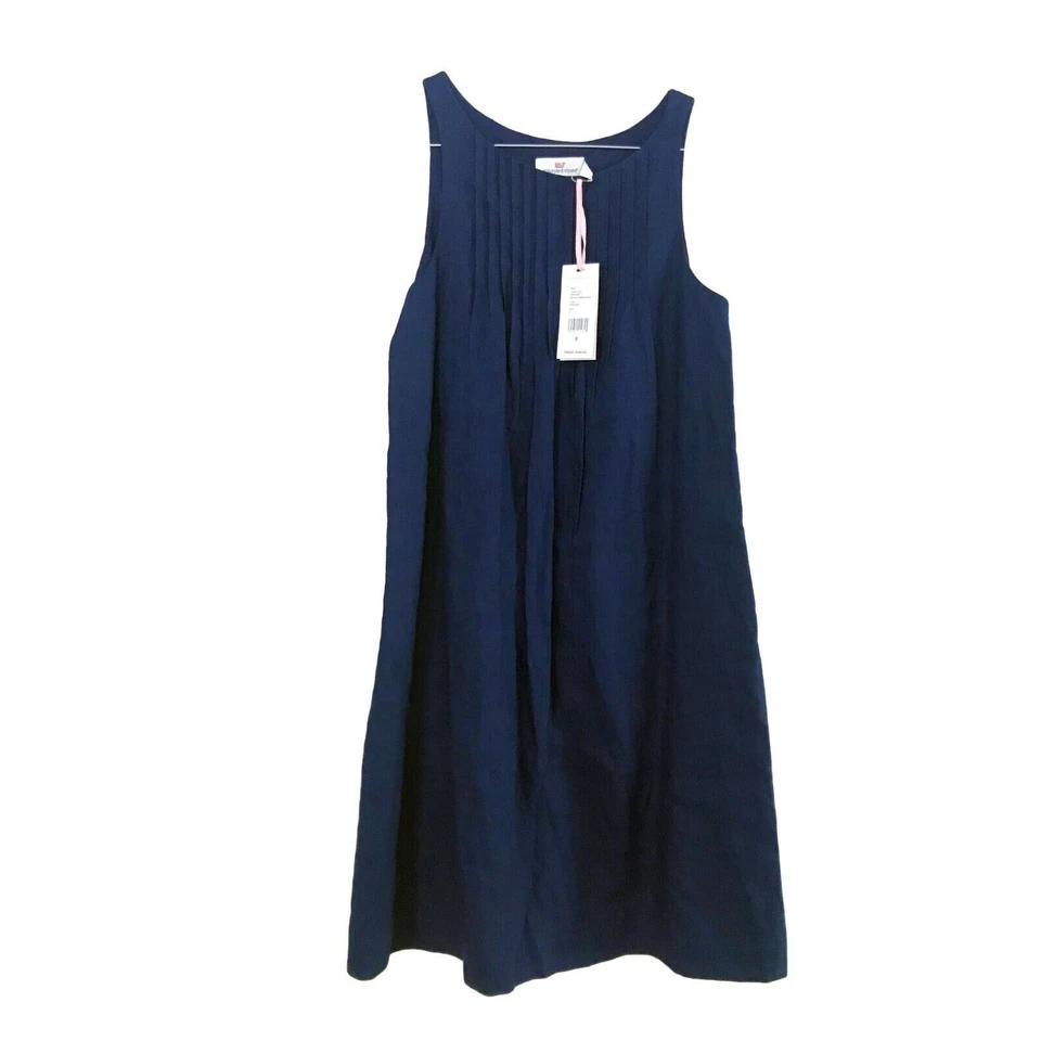 Vineyard Vines Deep Bay Blue Pintuck Swing Dress Sleeveless 100 Linen Sz 0