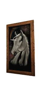 Vintage Velvet Unicorn Signed Painting with Carved Wooden Frame, Valentines - Picture 1 of 4