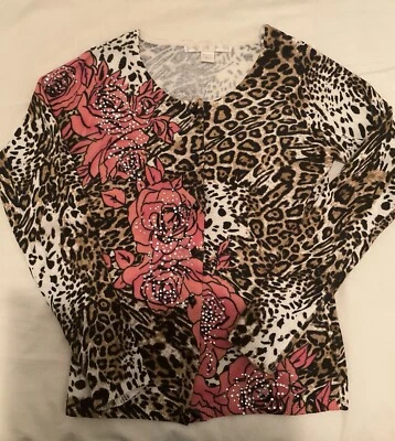 Boston Proper Animal Leopard Print Rose Bling Cardigan Sweater XXS - Image 1 of 4