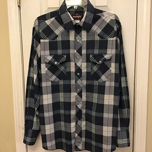 Vintage Wrangler Pearl Snap Western Shirt Mens Large 16 16.5 Blue Plaid Cowboy - Picture 1 of 8