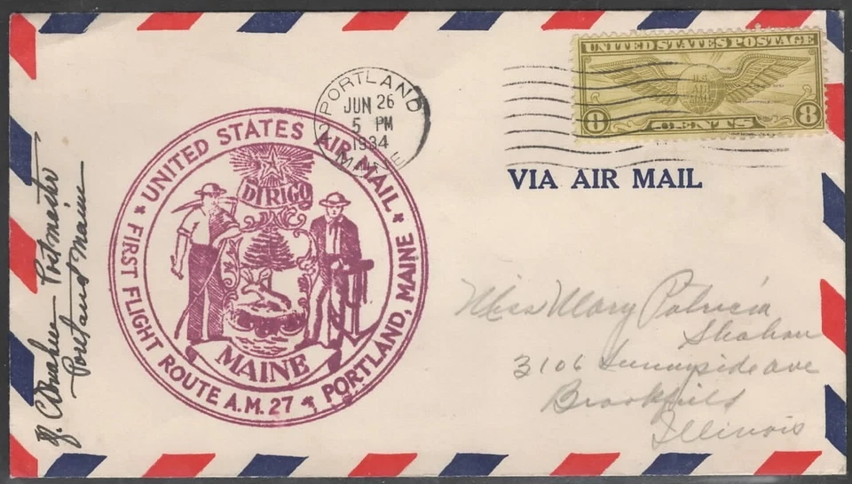 US Scott #C17 First Flight Cover Route A. M. 27 from Portland, Maine - Image 1 of 1