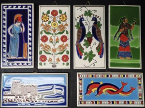 Menge (6) Vintage Keramik 6" x 3" Fliesen - griechische Motive schöne Farben - Bild 1 von 12