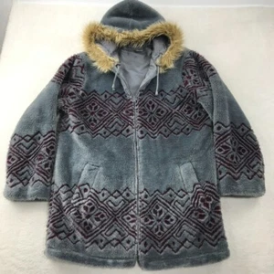 Vintage Easy Essentials Fleece Coat Womens L Gray Fuzzy Parka Jacket Faux Fur - Picture 1 of 12
