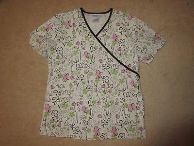 SCRUBS - SS Shirt - White - Flowers - SB Scrubs - Sz Small - Image 1 of 4