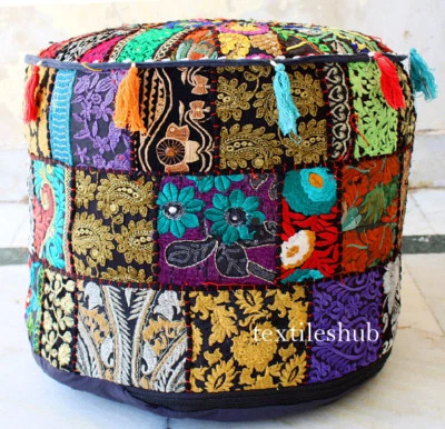 New Indian Black Vintage Pouf Cover Handmade Patchwork Ottoman Home Decorative - Image 1 of 4