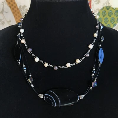 2 Necklace Lot Bundle Illusion Pearl Agate Stone Floating Choker Czech Gemstone - Image 1 of 4