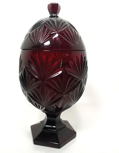 Ruby Red Cut Glass Egg Lidded Candy Dish Compote Fan Shape Jar Pedestal 9" Vtg - Picture 1 of 6