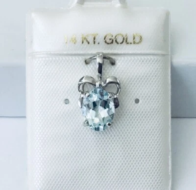 Solid 14K White Gold  Genuine Aquamarine Gemstone Charm Pendant for Necklace NEW - Image 1 of 4
