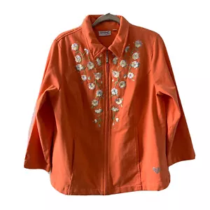 Dream Jeannes By Quacker Factory Jacket Medium Orange Floral Embroidered Zipper - Picture 1 of 6