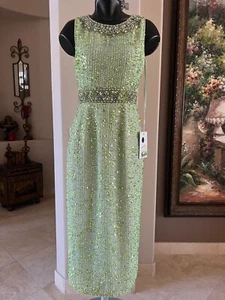 MAC DUGGAL 10739 EMBELLISHED SLEEVELESS HIGH NECK SAGE MIDI DRESS sz 2 - Picture 1 of 5