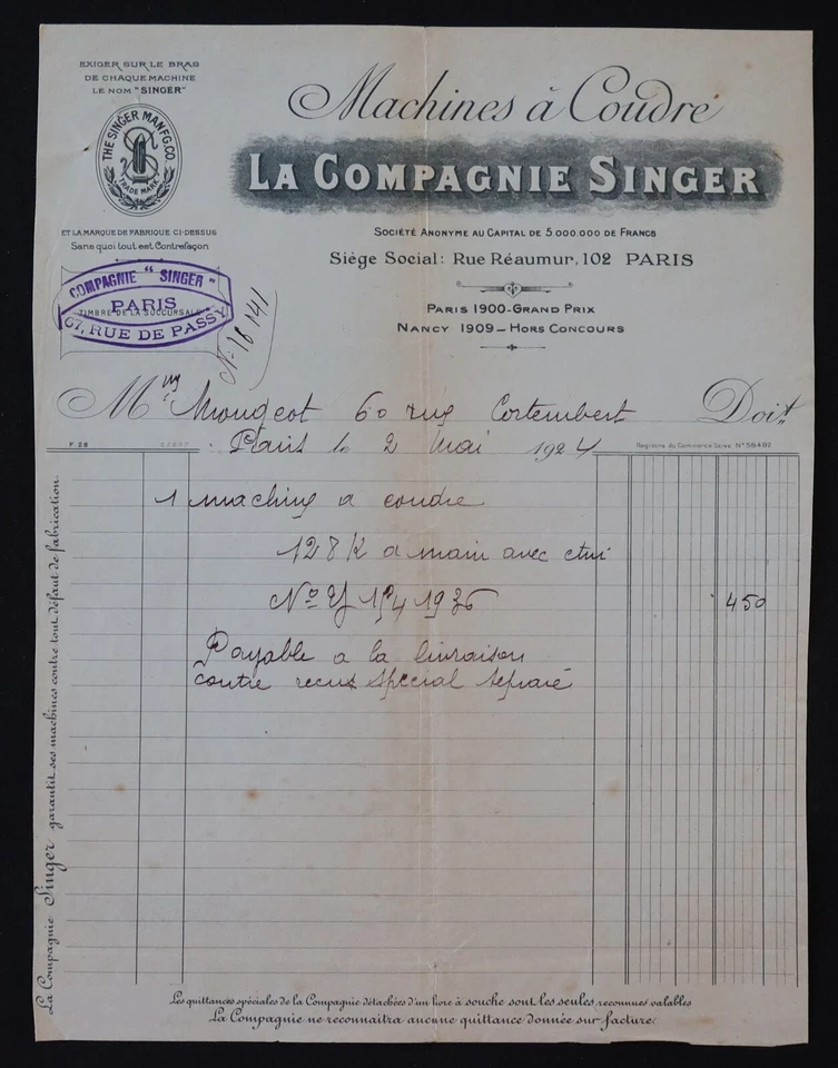 Billhead Facture PARIS 1924 Máquina de coser LA COMPANIE SINGER ilustrada 130 - Imagen 1 de 1