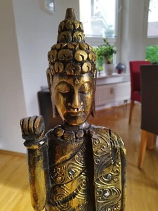 Schmal Stehend Buddha Figur Holz goldfarbig und schwarz 100cm - Bild 1 von 5