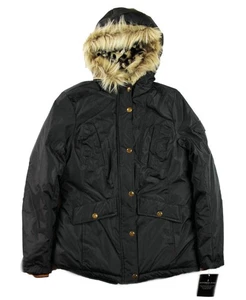 London Fog Girls Jacket M 10/12 Puffer Quilted Faux Fur Hood Full Zip Black $125 - Picture 1 of 7