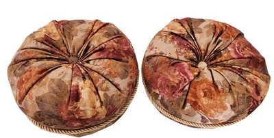 2 ALLEN GOLD MULBERRY PINK GREEN FLORAL TUFTED ROUND PILLOW SET VINTAGE  - Image 1 of 4