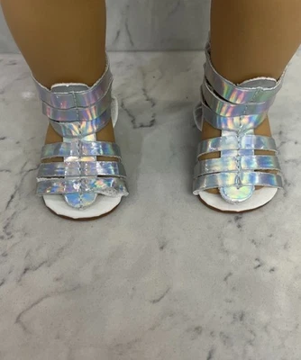 Silver Metallic Gladiator style Sandals Doll Shoes For 18 American Girl size - Image 1 of 3