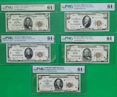 1929 SET of Federal Reserve Bank Notes - BROWN SEALS - $5,$10,$20,$50,$100 - Image 1 of 4